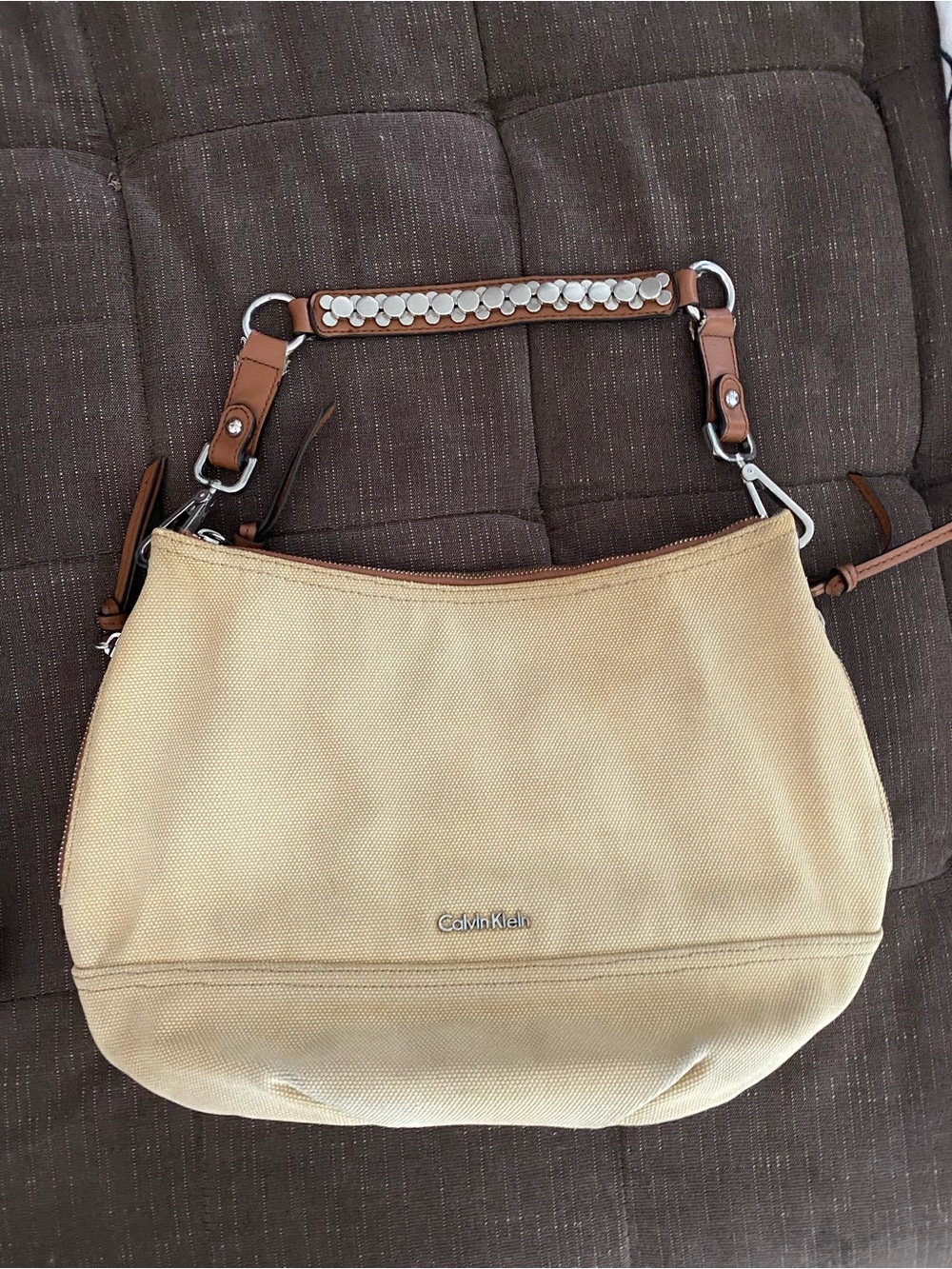 Calvin Klein Cream Canvas Hobo with Brown Leather Accents